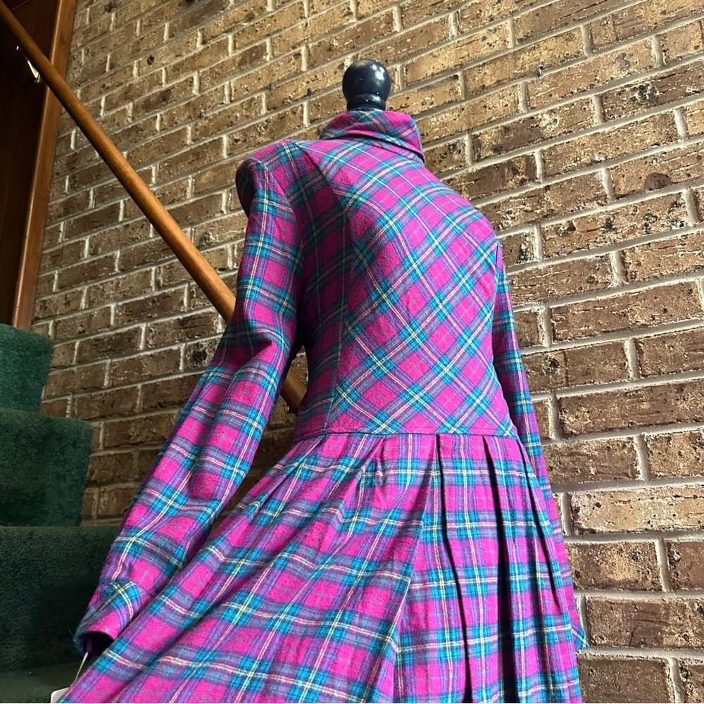 VTG 80s 90s NWT Pink Plaid Flannel Turtleneck Long Sleeve Midi Maxi Dress
